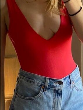 Urban Outfitters Red V-Neck Sleeveless Bodysuit